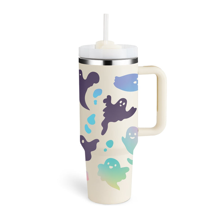 On-the-go insulated mug with handle & straw. Keeps drinks hot for work, cold for play.