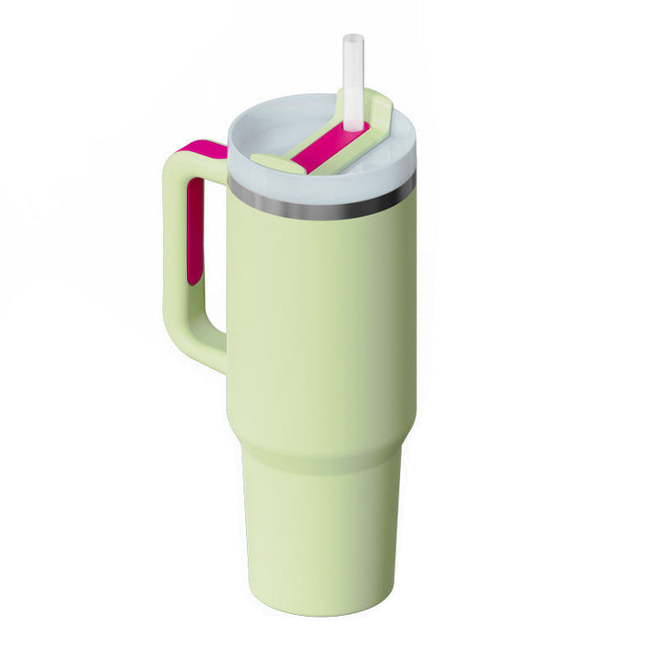 Insulated straw mug for hot chocolate or iced tea, with a comfortable carrying handle.