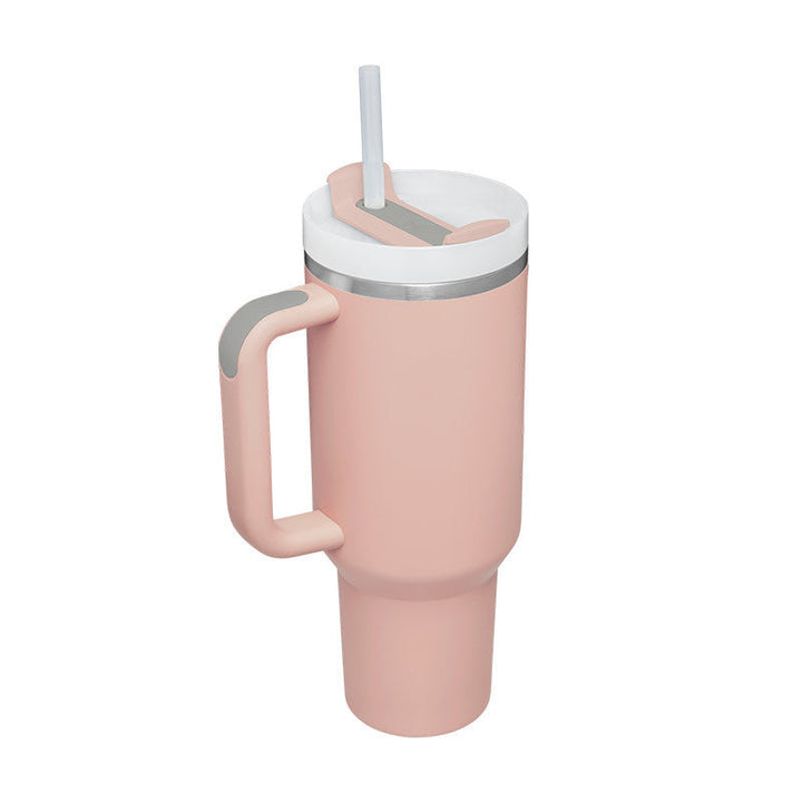 Hot beverage insulated mug with handle & straw. Sip your favorite warm drink comfortably.