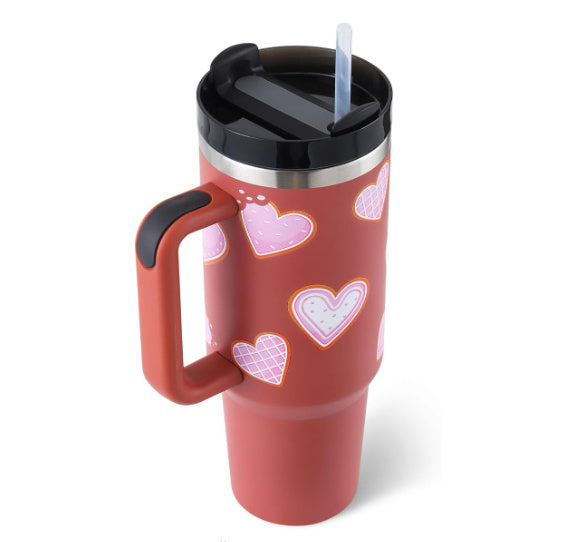 Unisex insulated drink container with handle & straw. Reliable for keeping drinks hot or cold.