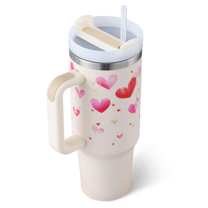 Durable insulated travel mug with handle & straw. Maintains temperature for long periods.