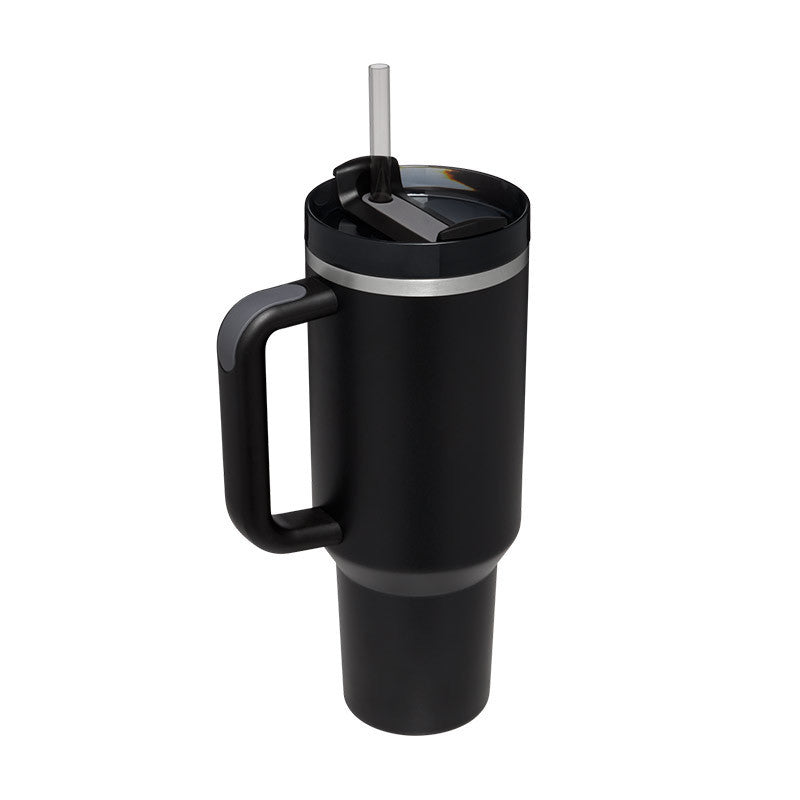 Stylish thermal coffee mug with handle & straw for easy sipping. Enjoy warm or cool drinks.