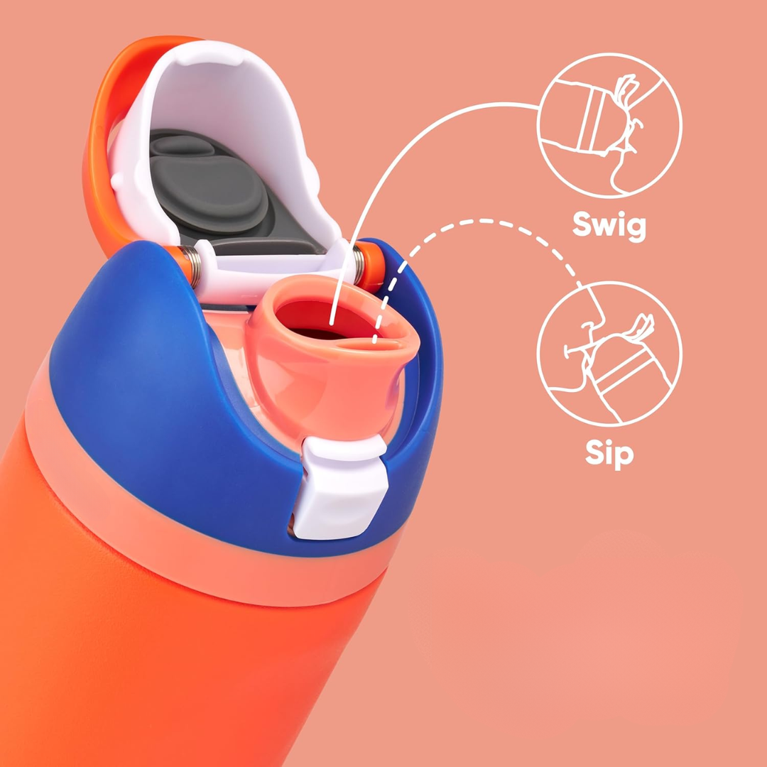 Reusable BPA-free stainless steel bottle. Insulated, leak-proof, with straw for hot or cold drinks.