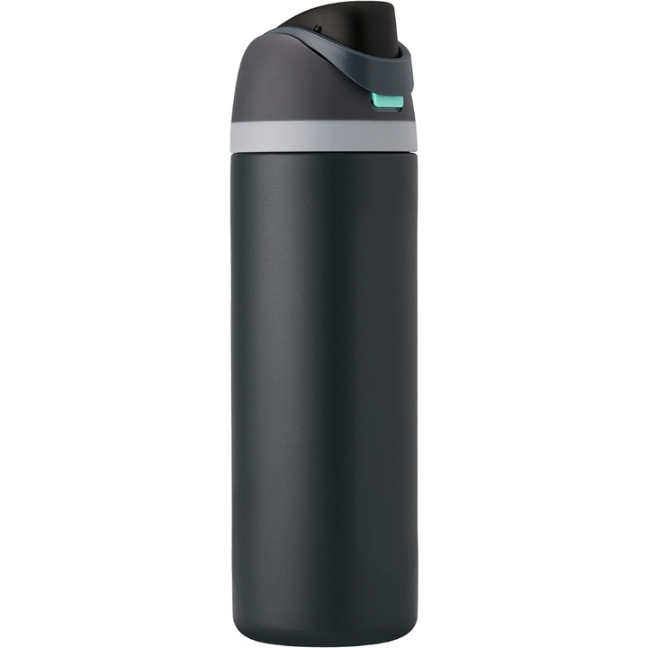 Portable insulated water bottle, stainless steel. Keeps drinks hot or cold. Ideal for travel, gym.