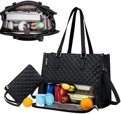 Unisex insulated tote bag in black, perfect for carrying lunch and a laptop to work or travel.