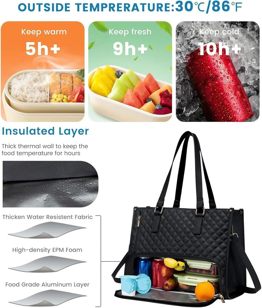 Navy blue insulated tote bag for men and women, designed to carry laptops and keep food fresh.