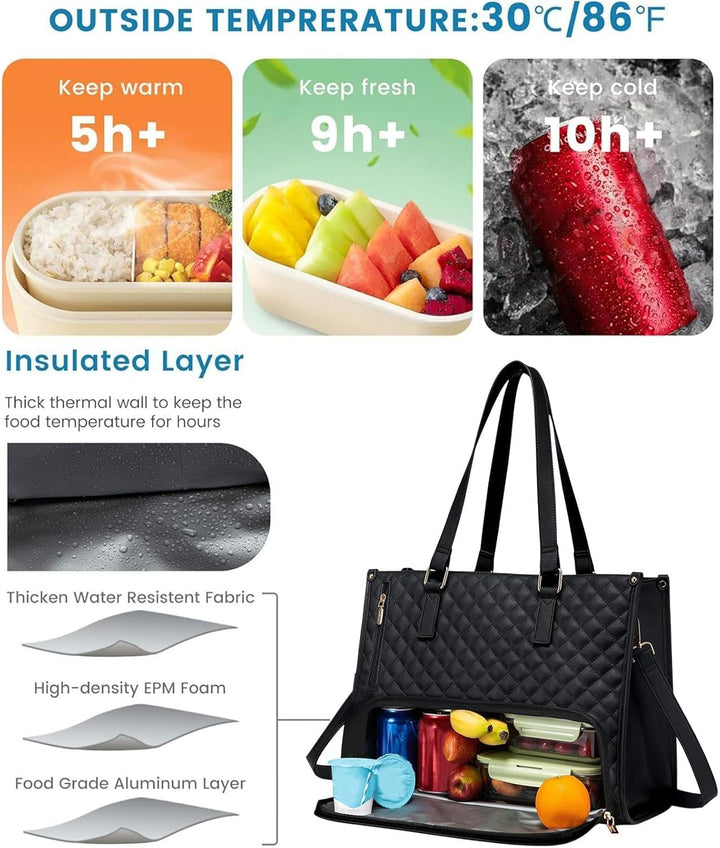 Navy blue insulated tote bag for men and women, designed to carry laptops and keep food fresh.