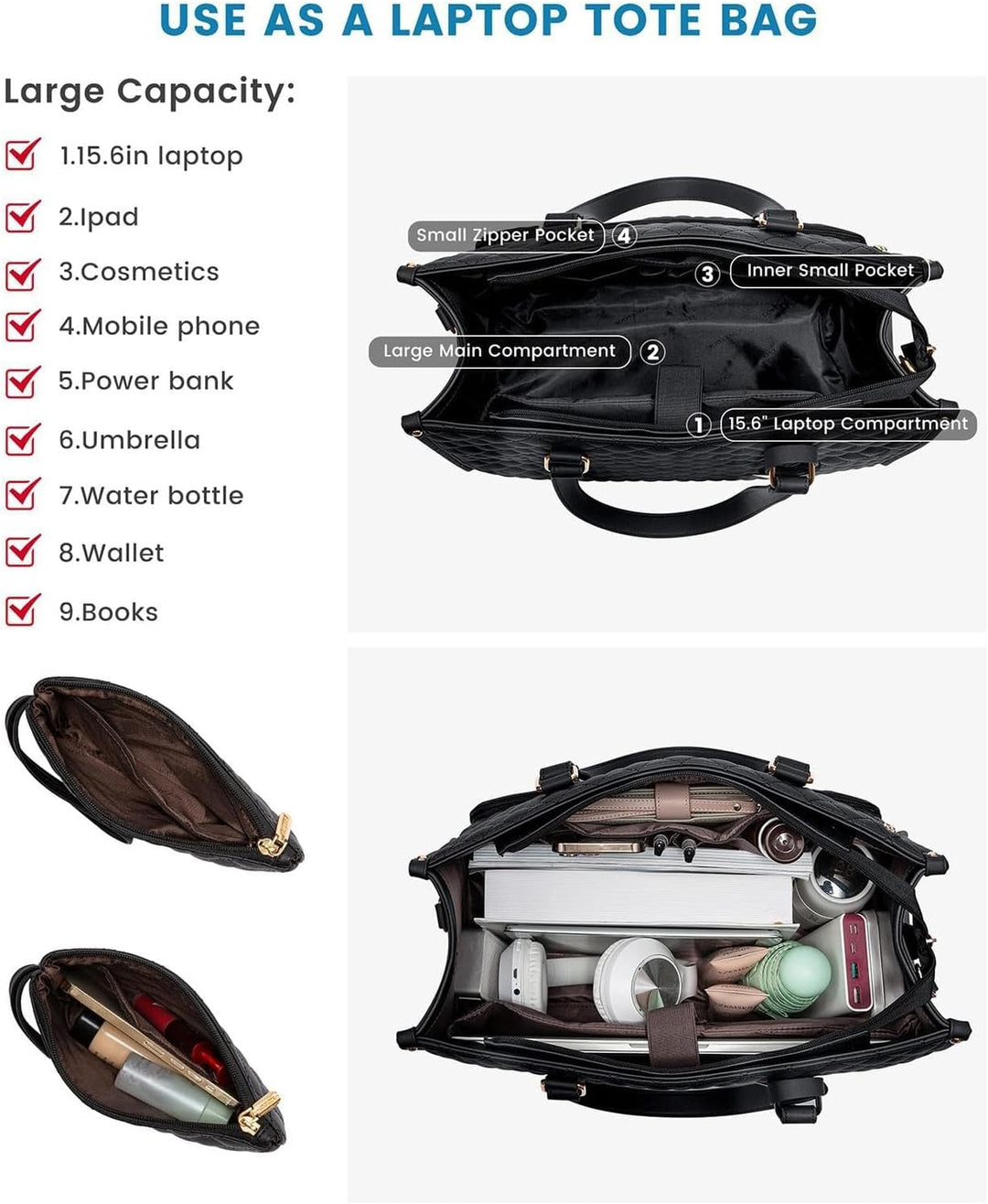 Portable black tote bag with insulation, ideal for office workers needing a combined lunch and laptop bag.