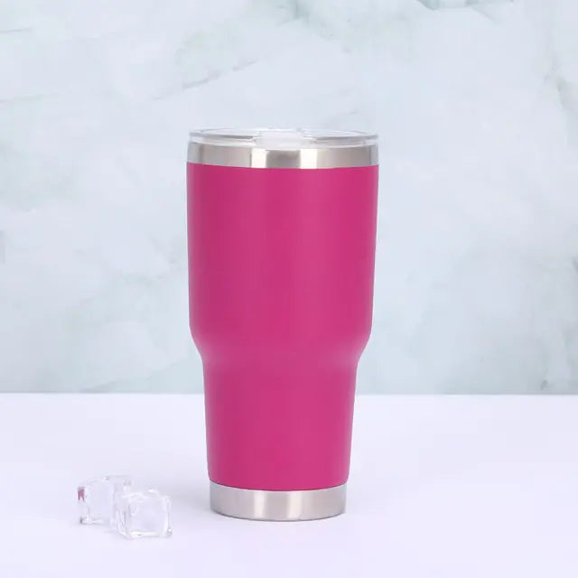 Sleek black insulated travel mug. Unisex stainless steel tumbler with secure sliding lid for hot or cold drinks.
