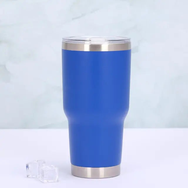 Stylish blue insulated travel mug. Unisex leak-proof tumbler with sliding lid, keeps drinks hot or cold on the go.