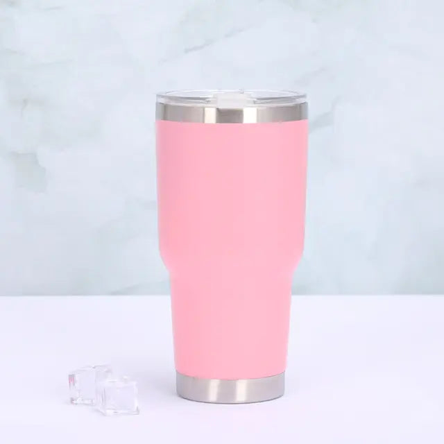 Insulated travel mug with secure sliding lid & leak-proof design. Stainless steel thermos for hot or cold beverages.