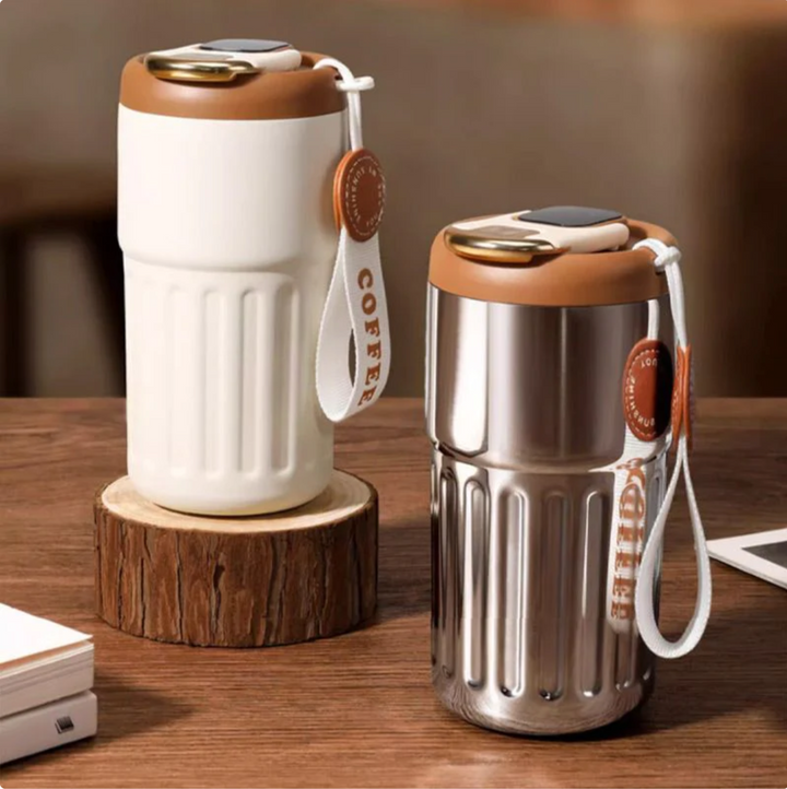 Unisex Insulated Travel Mug with Temperature Display for hot & cold coffee/tea. Portable & leak-proof.