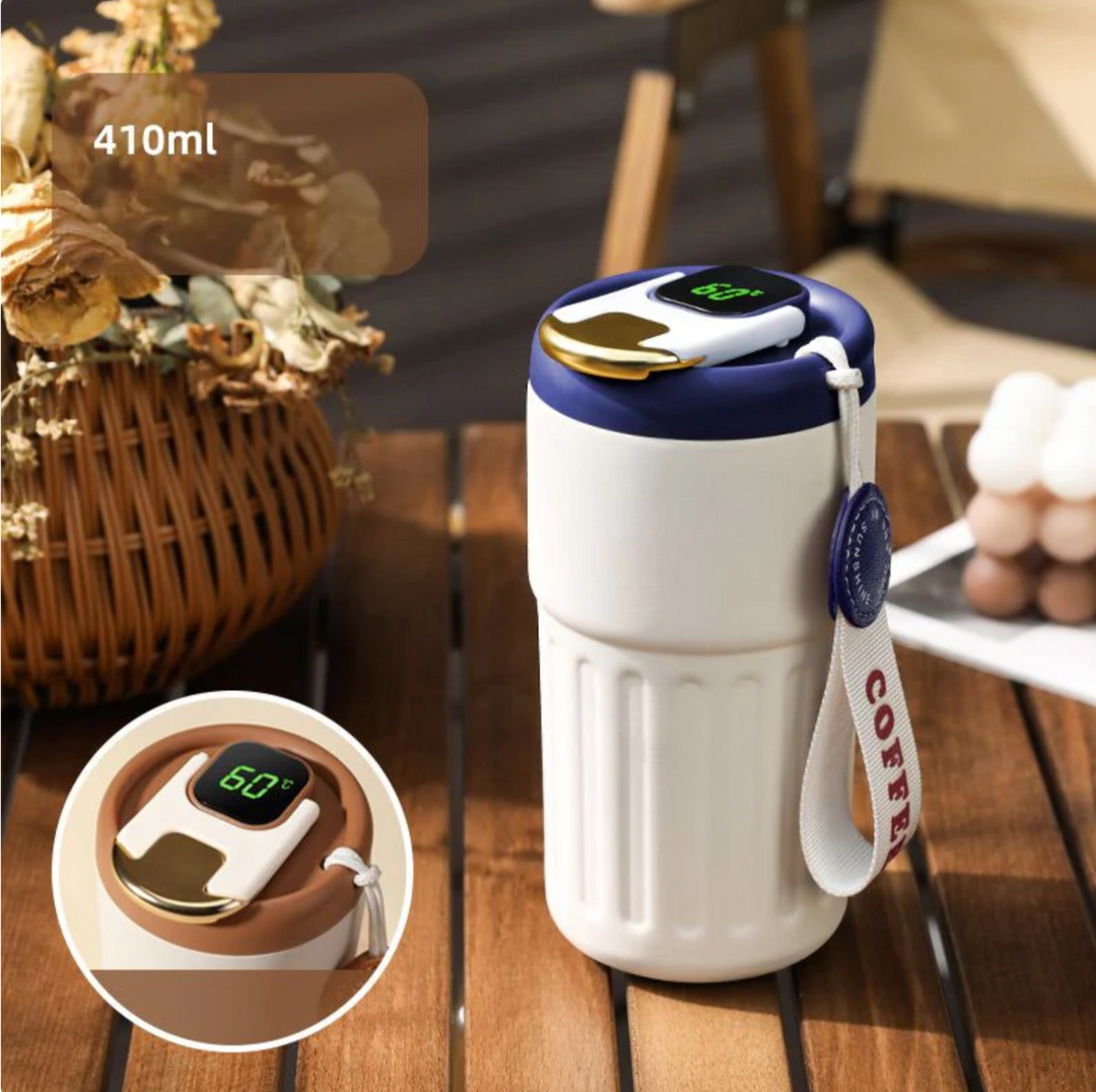 Leak-proof Insulated Coffee Mug. Portable vacuum flask with temperature display for hot or cold beverages.