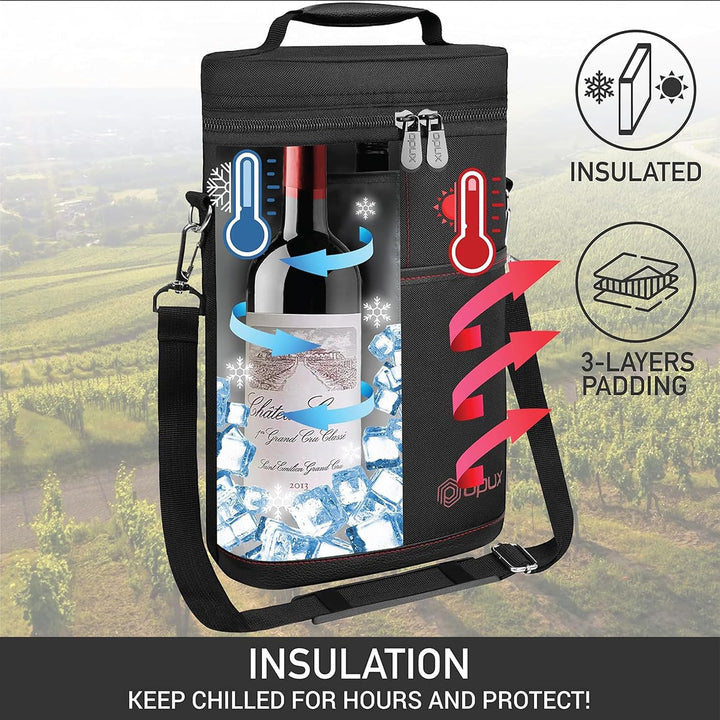 Portable wine bottle carrier & insulated picnic bag for 2 bottles, durable design.