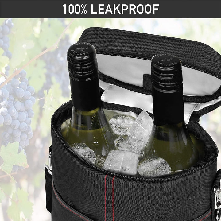 Travel wine accessory: insulated tote bag for two bottles, keeping drinks cool on the go.
