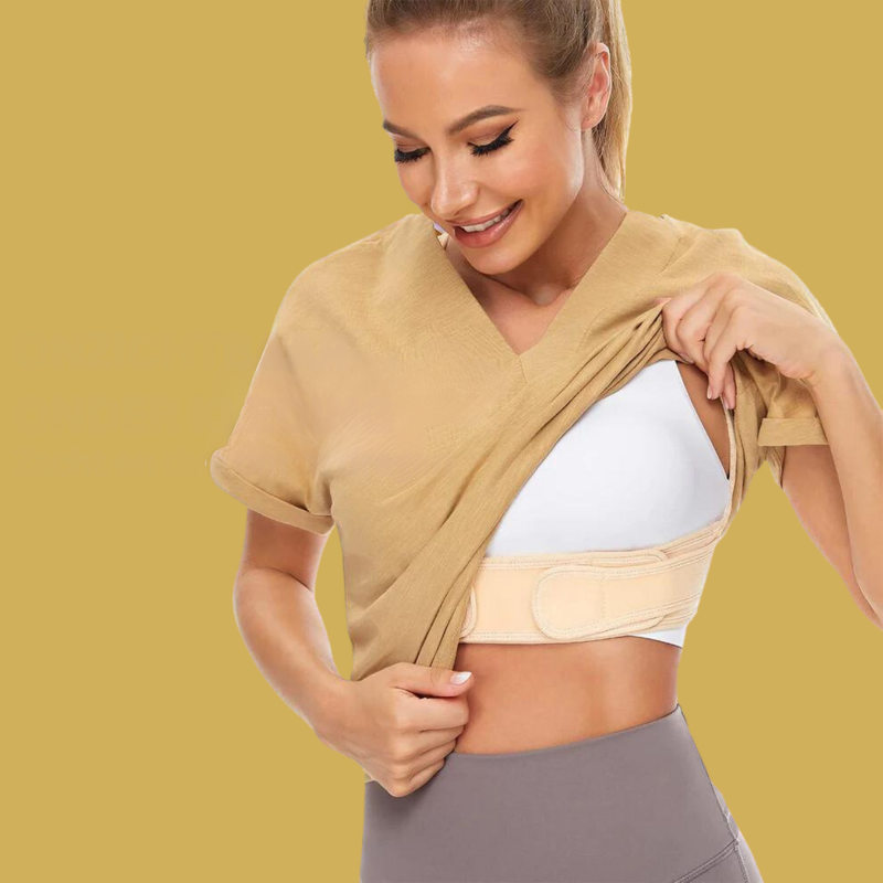 Woman demonstrating invisible posture brace providing comfortable back support & spinal alignment for daily wear.