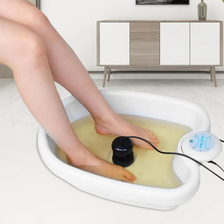 Unisex electric foot bath with ionic detoxification and whirlpool action for ultimate relaxation.