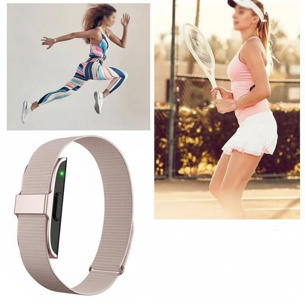 IP68 waterproof fitness tracker worn during exercise, monitoring heart rate, steps & blood oxygen.