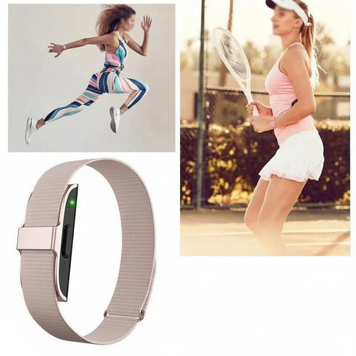 IP68 waterproof fitness tracker worn during exercise, monitoring heart rate, steps & blood oxygen.