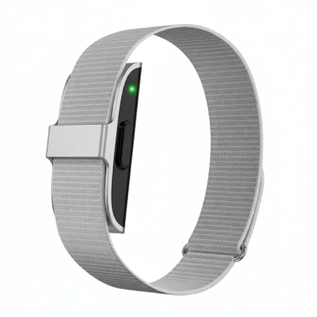 Person wearing a sleek IP68 activity tracker, tracking daily steps, calories & health with HR & SpO2.