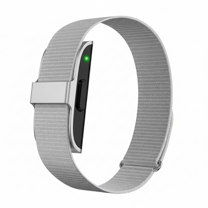 Person wearing a sleek IP68 activity tracker, tracking daily steps, calories & health with HR & SpO2.