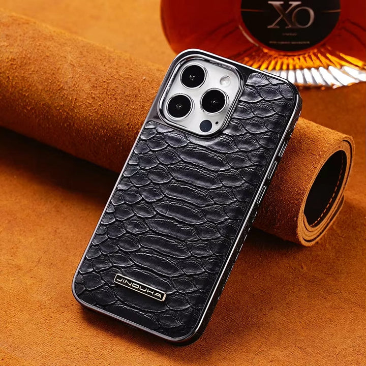 Protective python textured iPhone case. Slim, stylish phone cover for unisex luxury & daily phone protection.