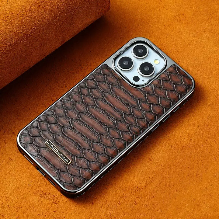 Luxury python textured phone case for iPhone. Premium unisex accessory offering stylish protection & slim design.