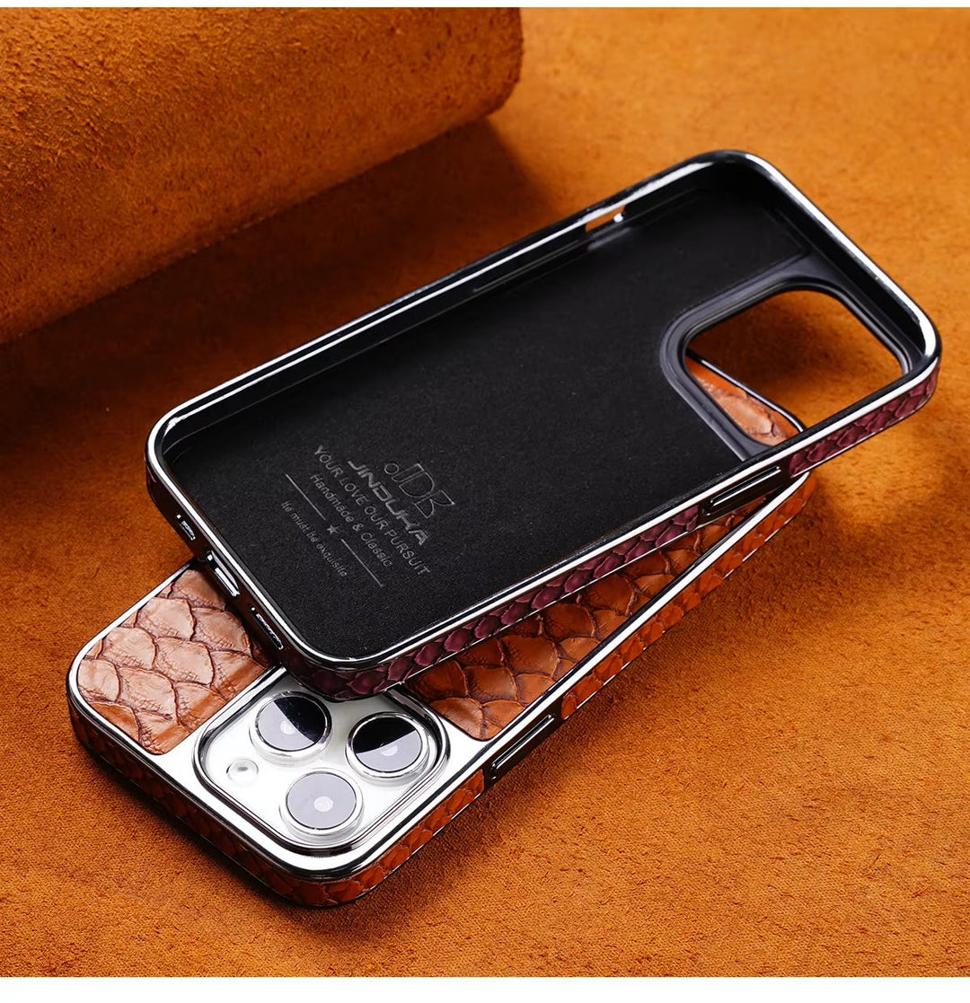 Stylish python-look iPhone case, offering durable phone protection. A slim, luxury tech accessory for all.