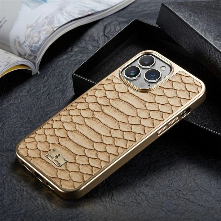 Unisex iPhone cover with exotic python texture. Provides a sleek, protective, and stylish fit for your phone.
