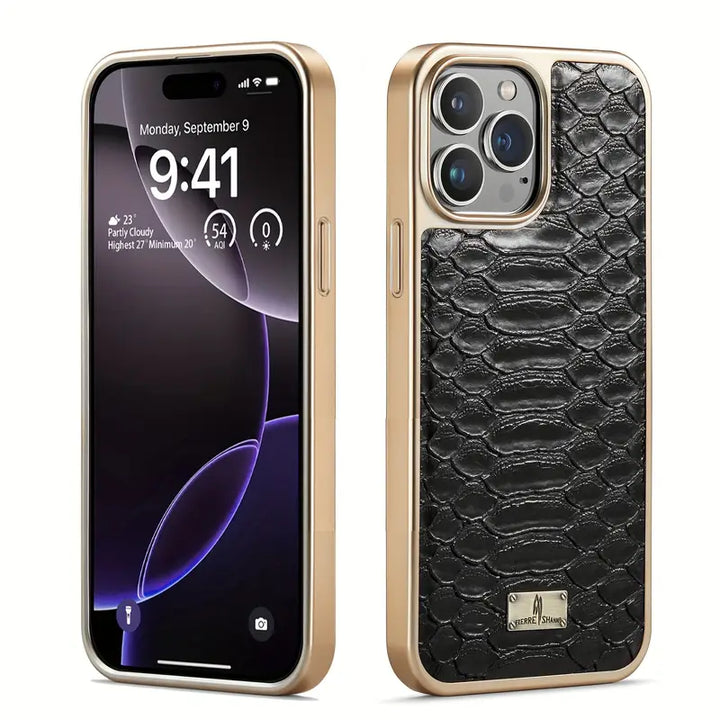 Exotic python pattern iPhone case. Durable and stylish phone cover for protection. Unisex luxury tech accessory.