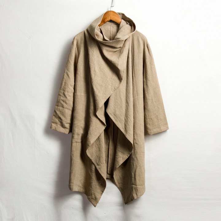 Lightweight draped unisex cloak in Japanese style linen blend, offering relaxed comfort.