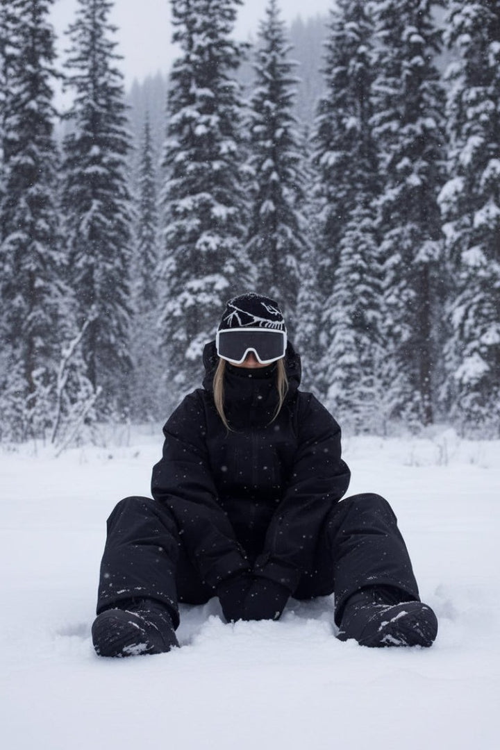 Unisex winter ski jacket worn by model. Sleek design, weather-resistant for active cold weather sports.