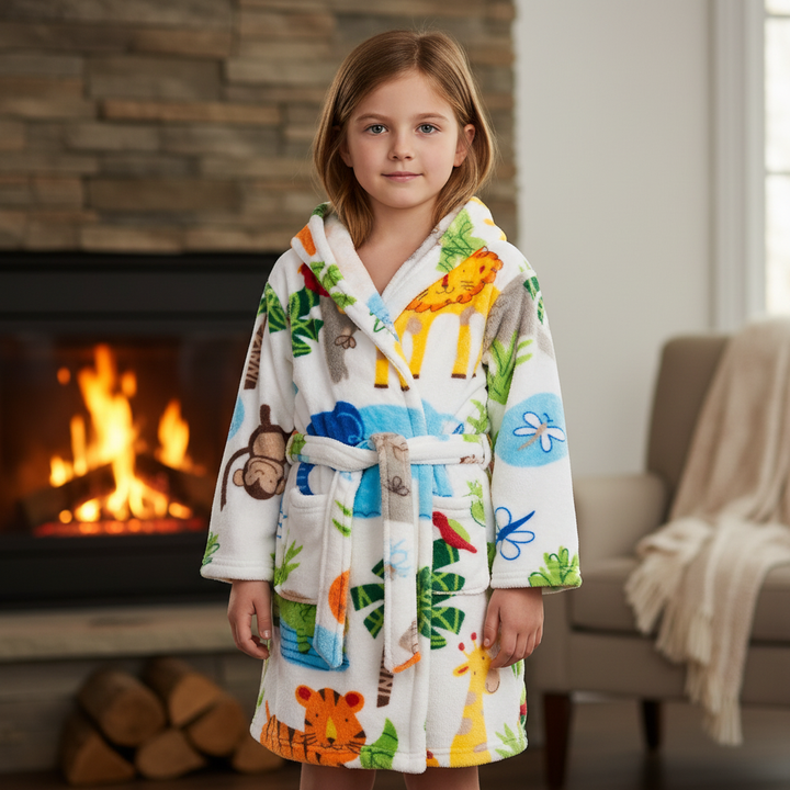 Unisex kids' animal hooded flannel bathrobe for snuggly comfort; perfect for boys and girls.