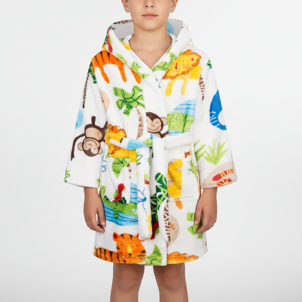 Soft flannel animal print hooded robe, ideal for toddlers after bath time; childrens apparel.
