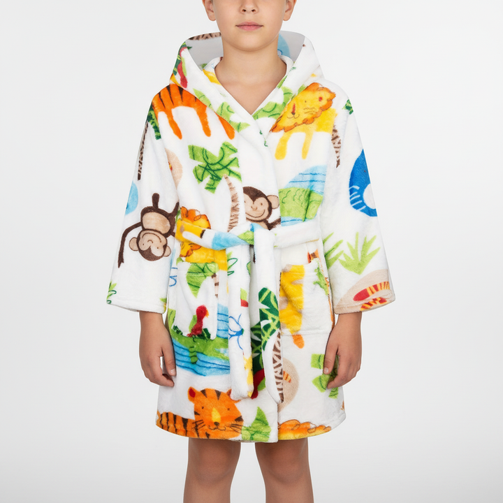 Soft flannel animal print hooded robe, ideal for toddlers after bath time; childrens apparel.