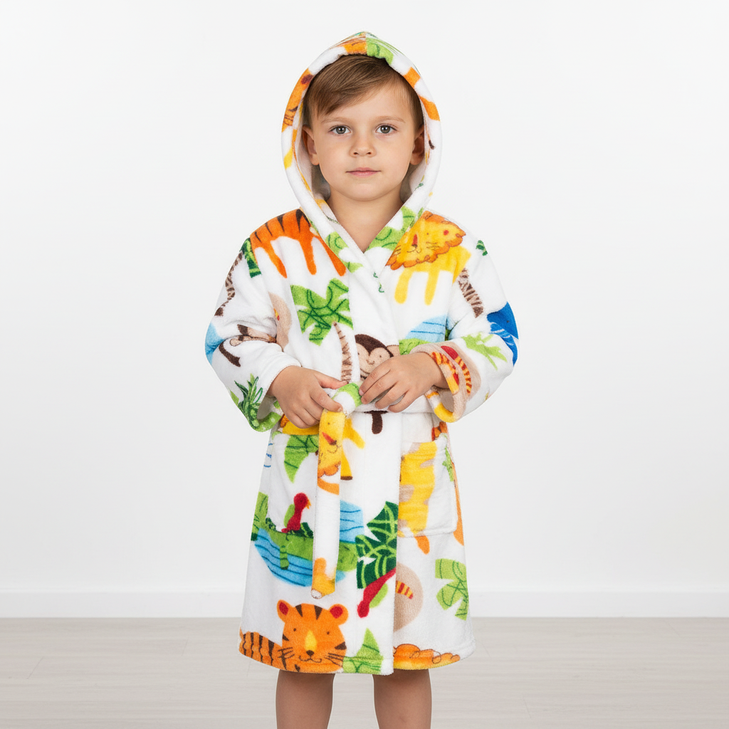 Plush unisex flannel bathrobe with fun animal hood, a soft and comfy toddler robe.