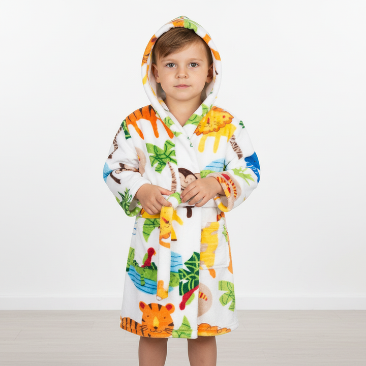 Plush unisex flannel bathrobe with fun animal hood, a soft and comfy toddler robe.
