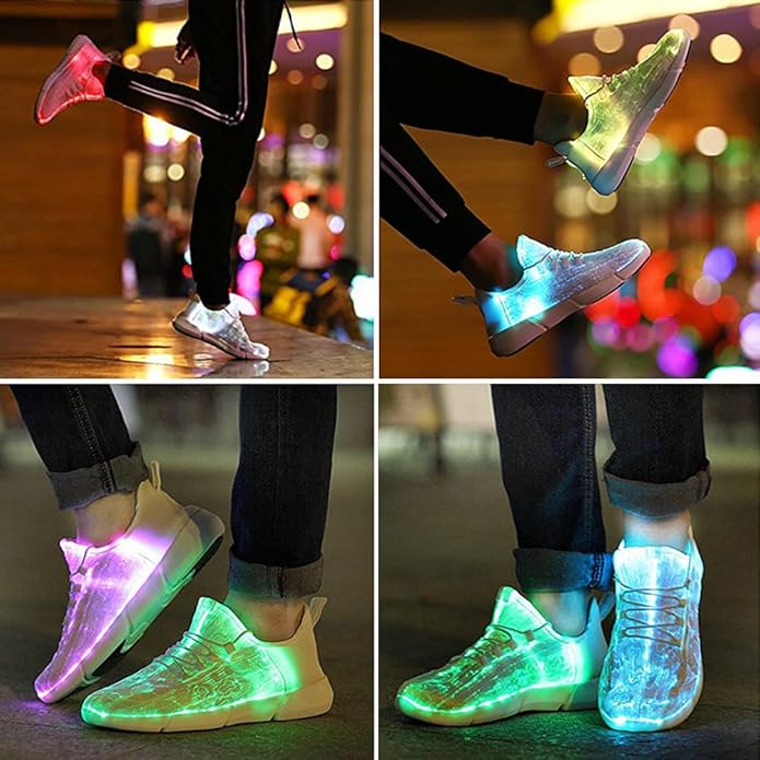 Overhead view of a pair of bright glow kicks, Unisex LED footwear for children
