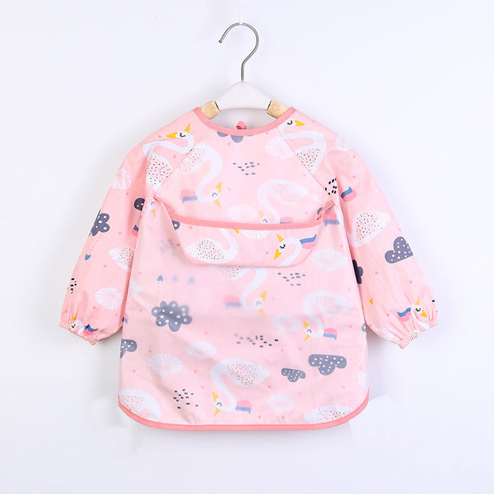 Mealtime smock for kids, waterproof polyester with adjustable ties and large storage pockets, unisex design.