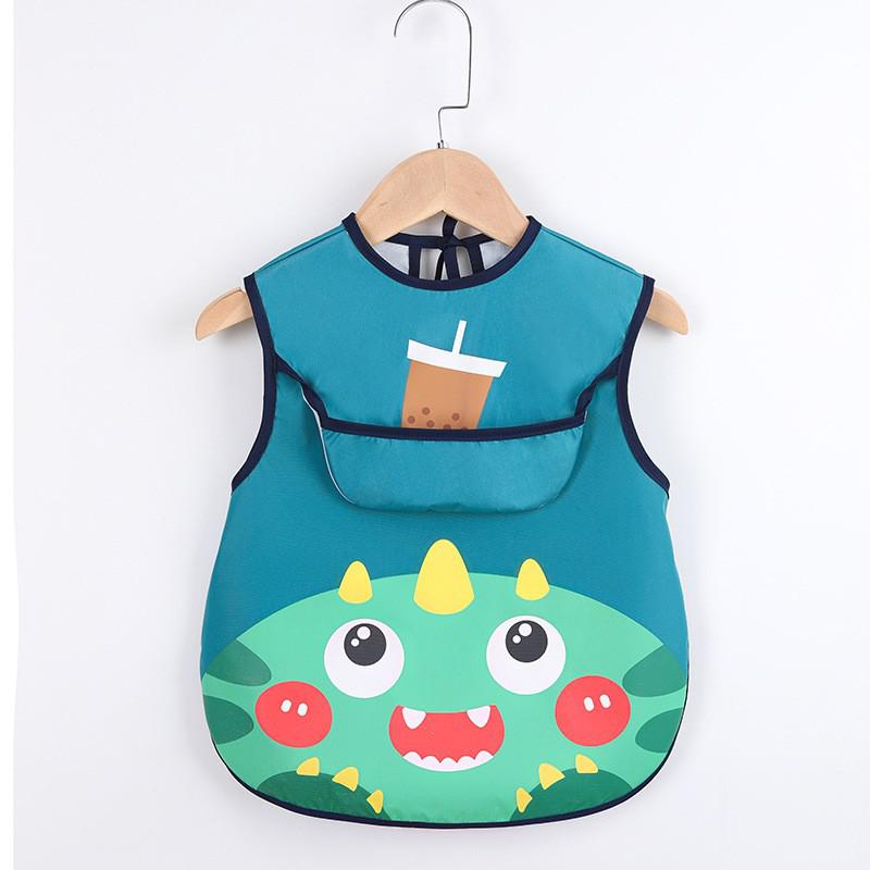 Infant art and mealtime apron, protective waterproof material with front pockets, depicting fun patterns.