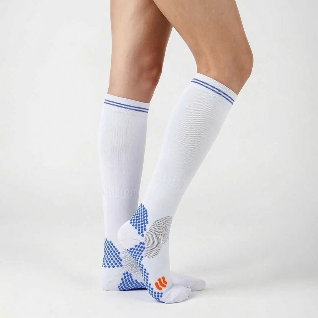 Performance-enhancing knee-high compression socks for men & women, essential activewear workout gear.