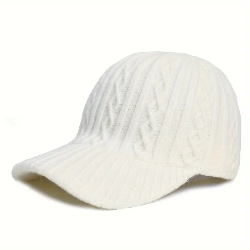 Adjustable knitted baseball cap for unisex fall & winter fashion. Cozy and warm textured headwear for outdoors.