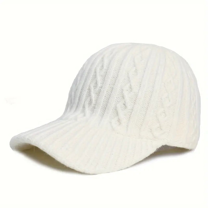 Adjustable knitted baseball cap for unisex fall & winter fashion. Cozy and warm textured headwear for outdoors.