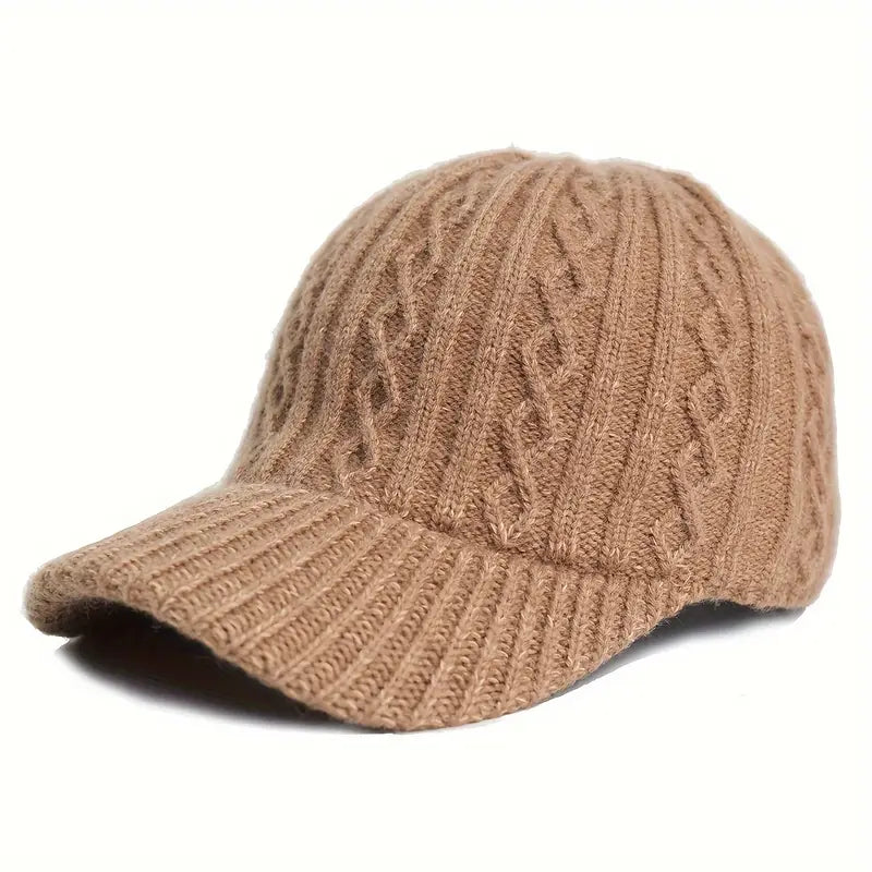 Stylish knitted autumn baseball cap, unisex and warm. A casual fall fashion accessory for winter outings.
