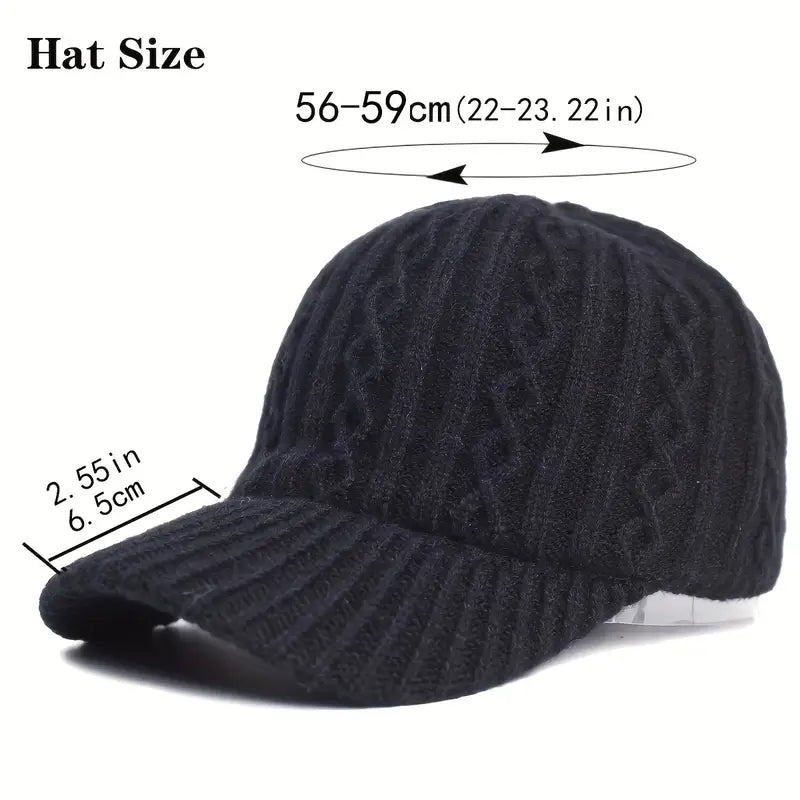 Unisex knitted warm autumn baseball cap, adjustable for fall and winter fashion. Casual outdoor headwear.