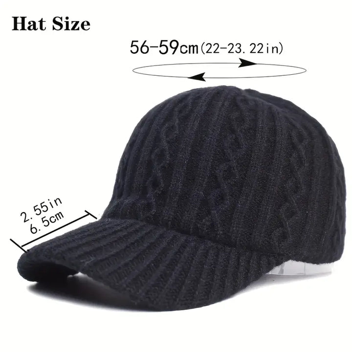 Unisex knitted warm autumn baseball cap, adjustable for fall and winter fashion. Casual outdoor headwear.
