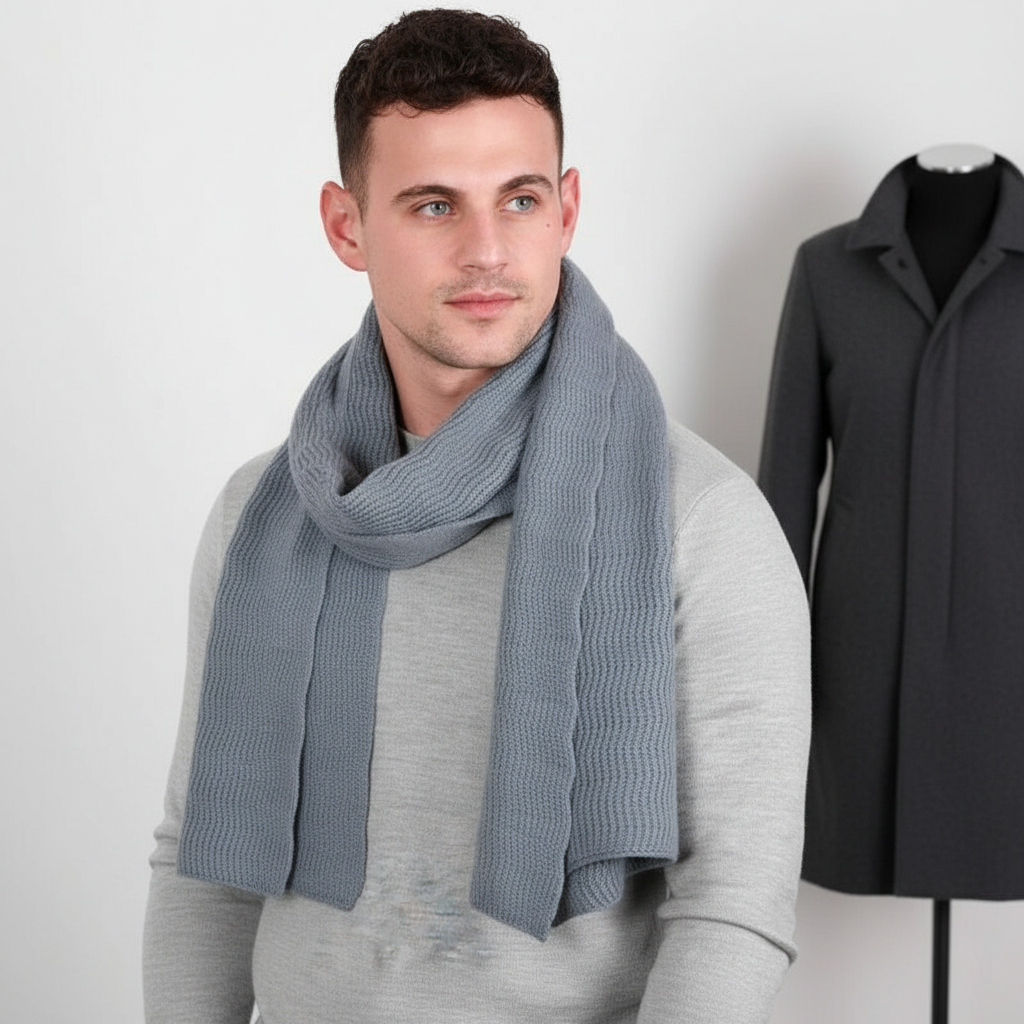 Soft cashmere blend knitted scarf, long and cozy, ideal for cold weather fashion.