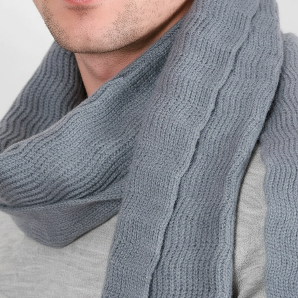 Detailed close-up of a warm cashmere blend knitted scarf, showcasing its soft texture.
