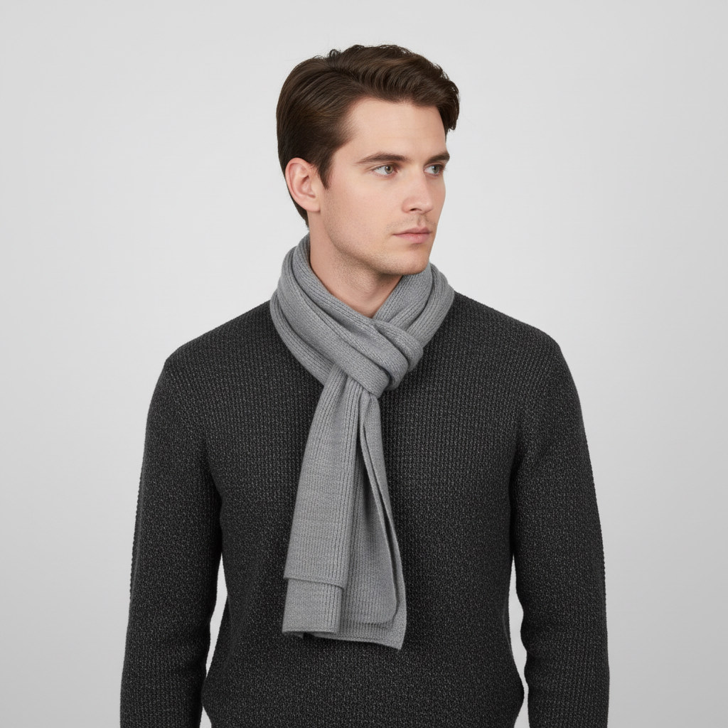 Stylish knitted cashmere blend scarf in a neutral tone, a perfect gift idea.