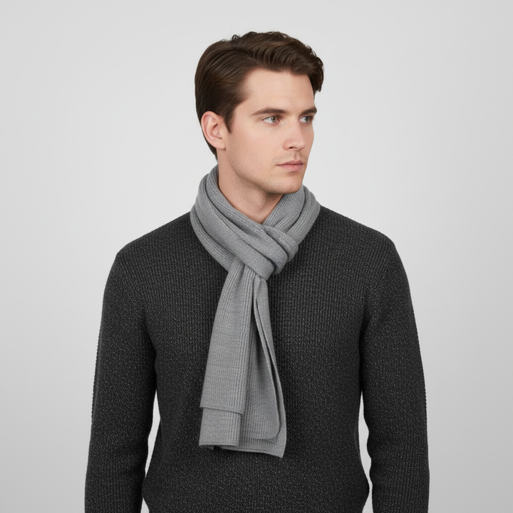 Stylish knitted cashmere blend scarf in a neutral tone, a perfect gift idea.
